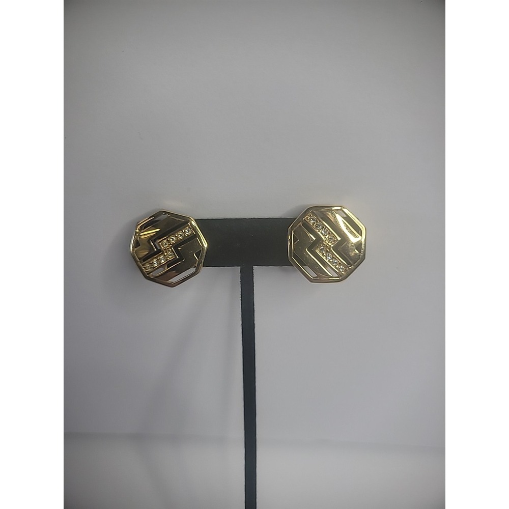Vintage AVON Gold Tone Clip On‎ Huggie Earrings White Crystals Jewelry Costume